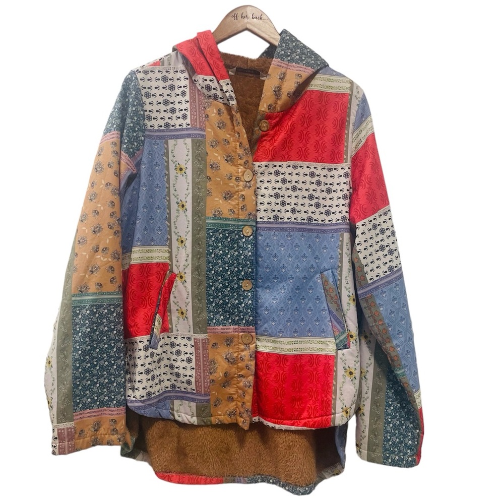 Patchwork Hooded Jacket in Red, Blue & Tan